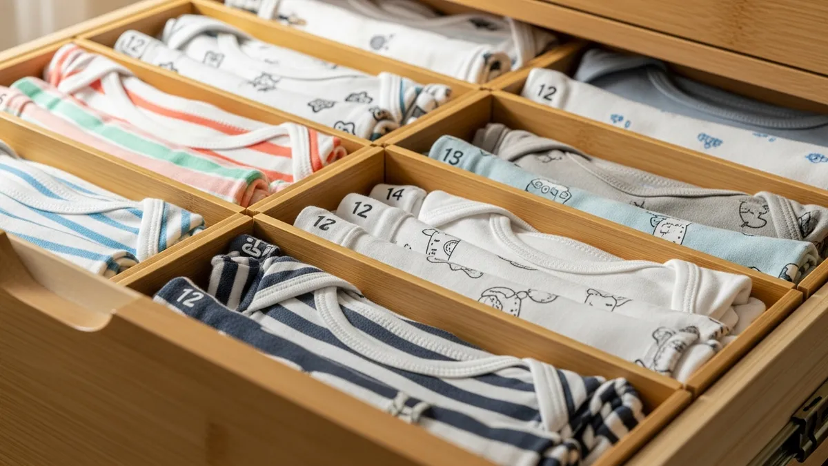 Nursery dresser drawer with dividers organizing baby clothes by size