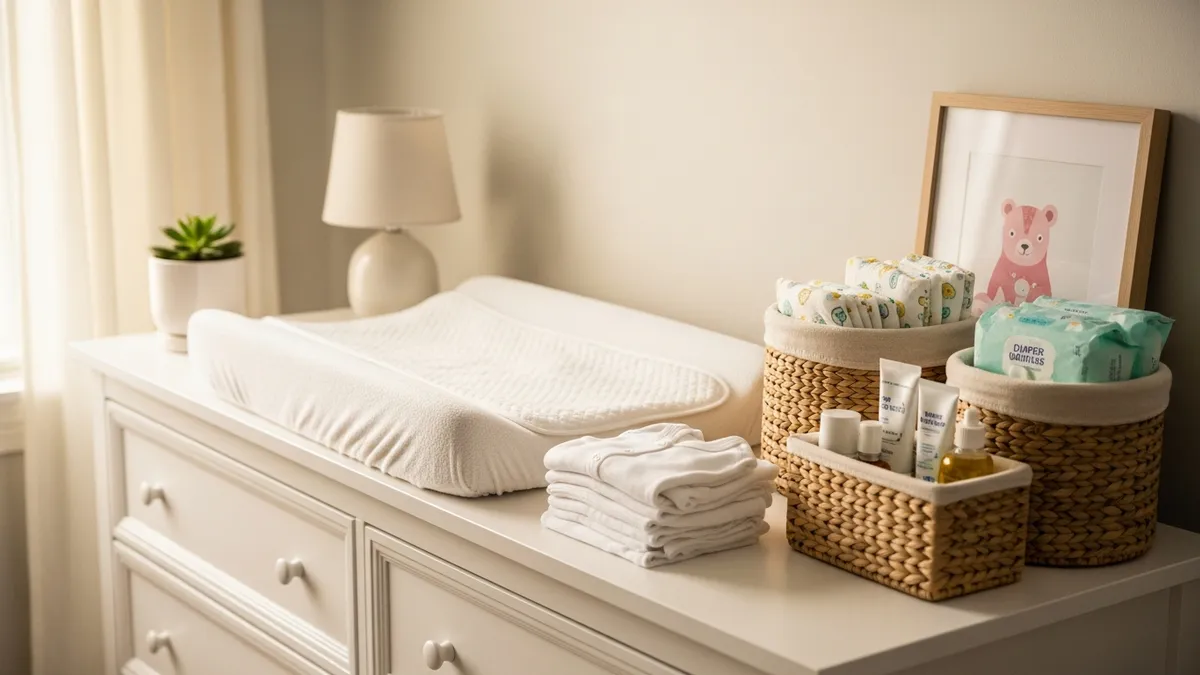 Organized nursery dresser top with changing station and storage baskets