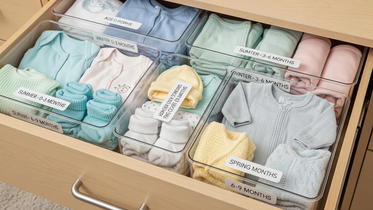 Seasonal baby clothes storage in nursery dresser with clear containers and labels