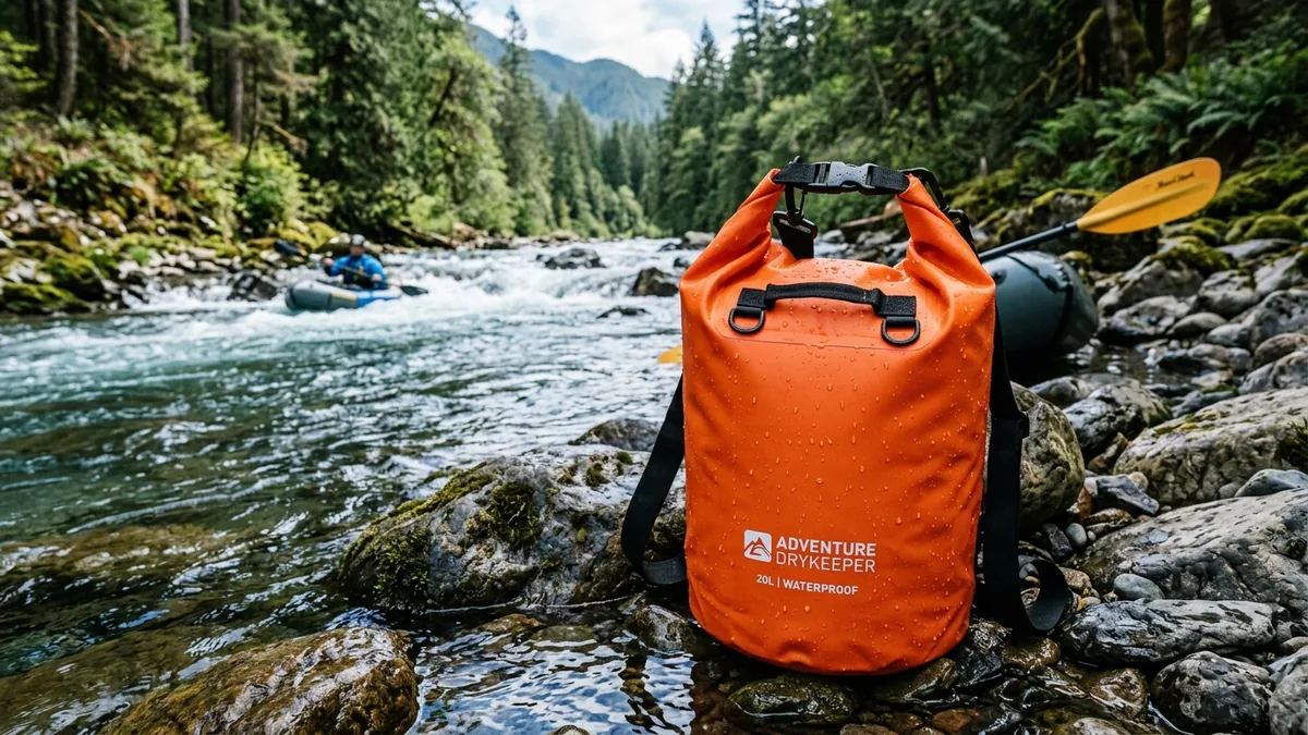 Various types and sizes of dry bags with outdoor activity background
