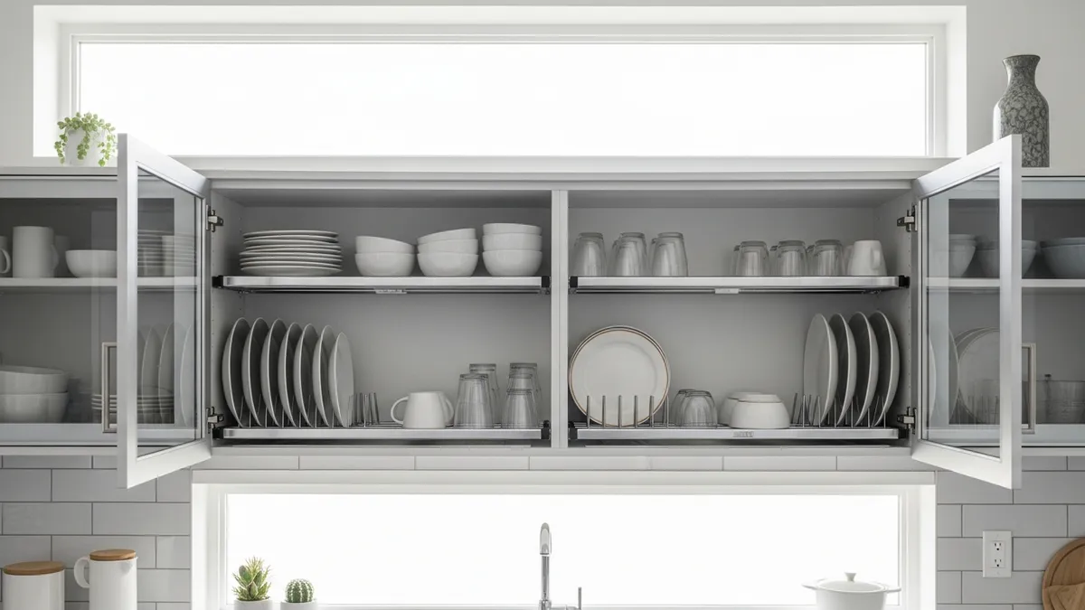 Modern enclosed dish rack with glass doors protecting dishes from dust and insects