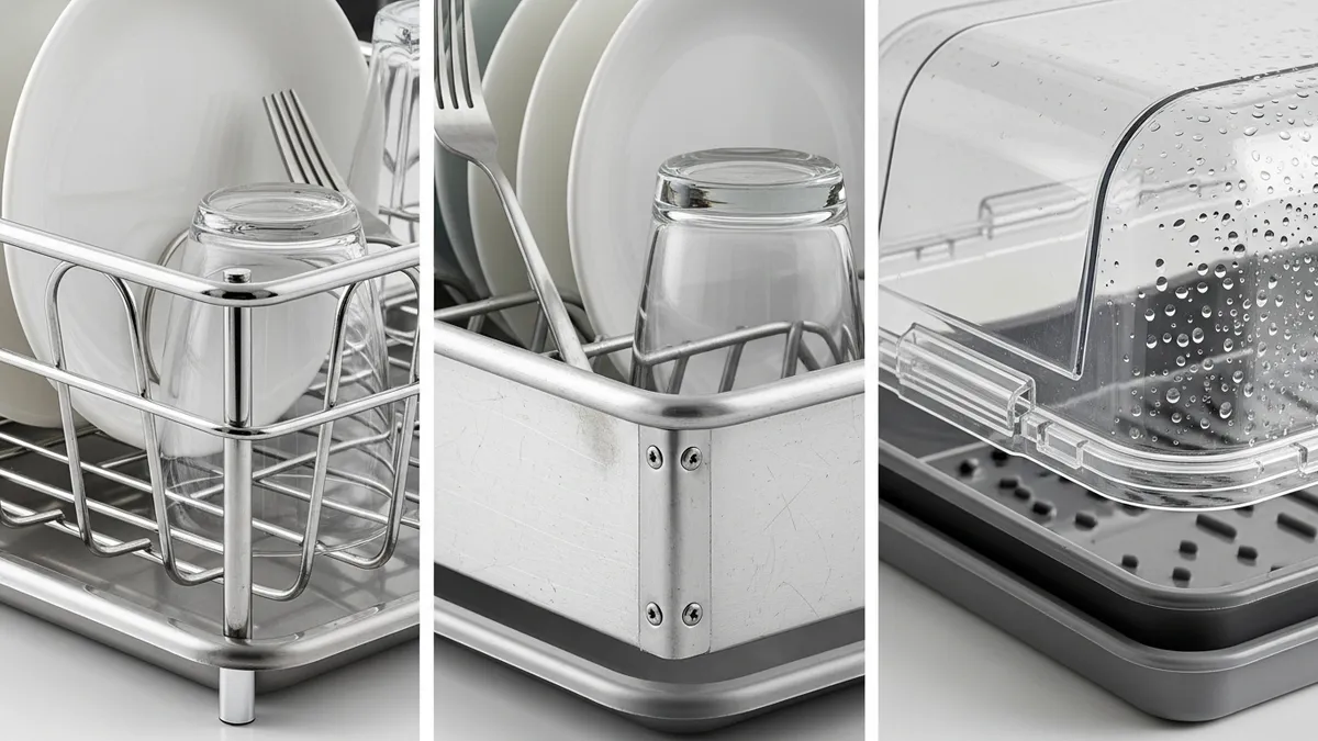 Comparison of enclosed dish rack materials showing stainless steel and aluminum options