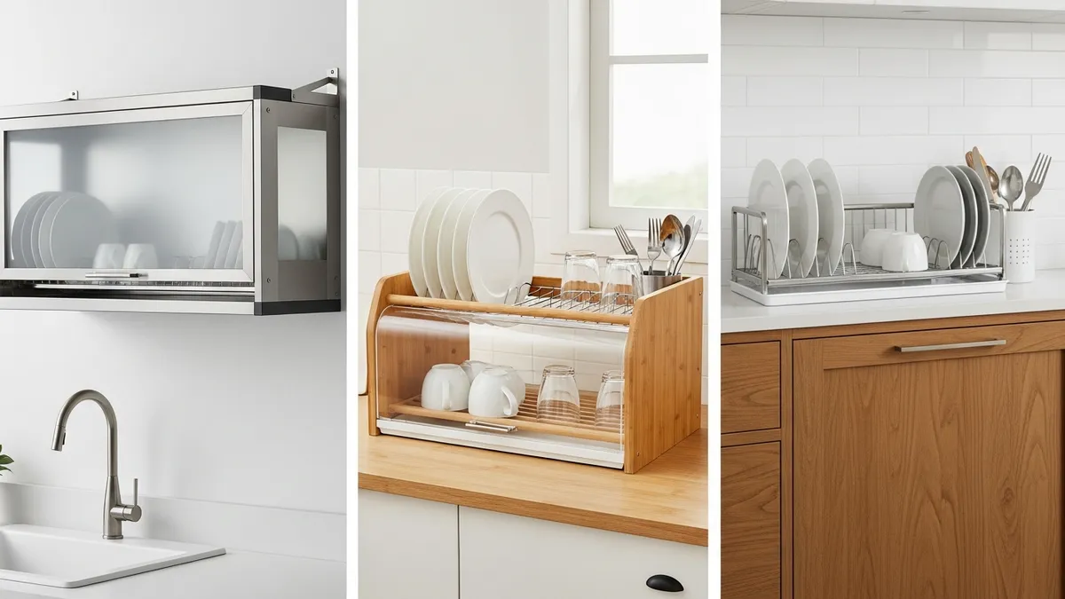 Various types of enclosed dish racks including wall-mounted and countertop models
