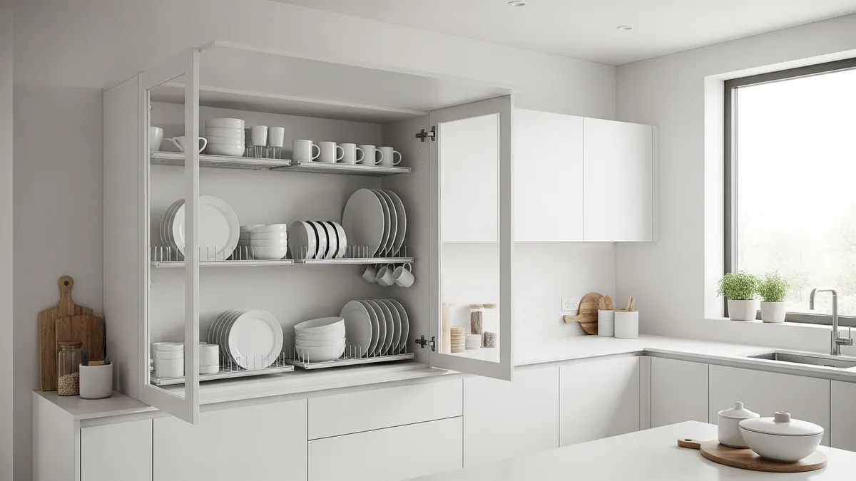Modern enclosed minimalist dish rack in clean white kitchen with glass doors
