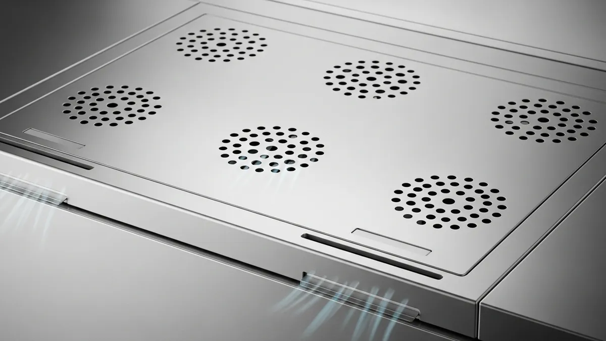 Ventilation system in enclosed dish rack showing air circulation features