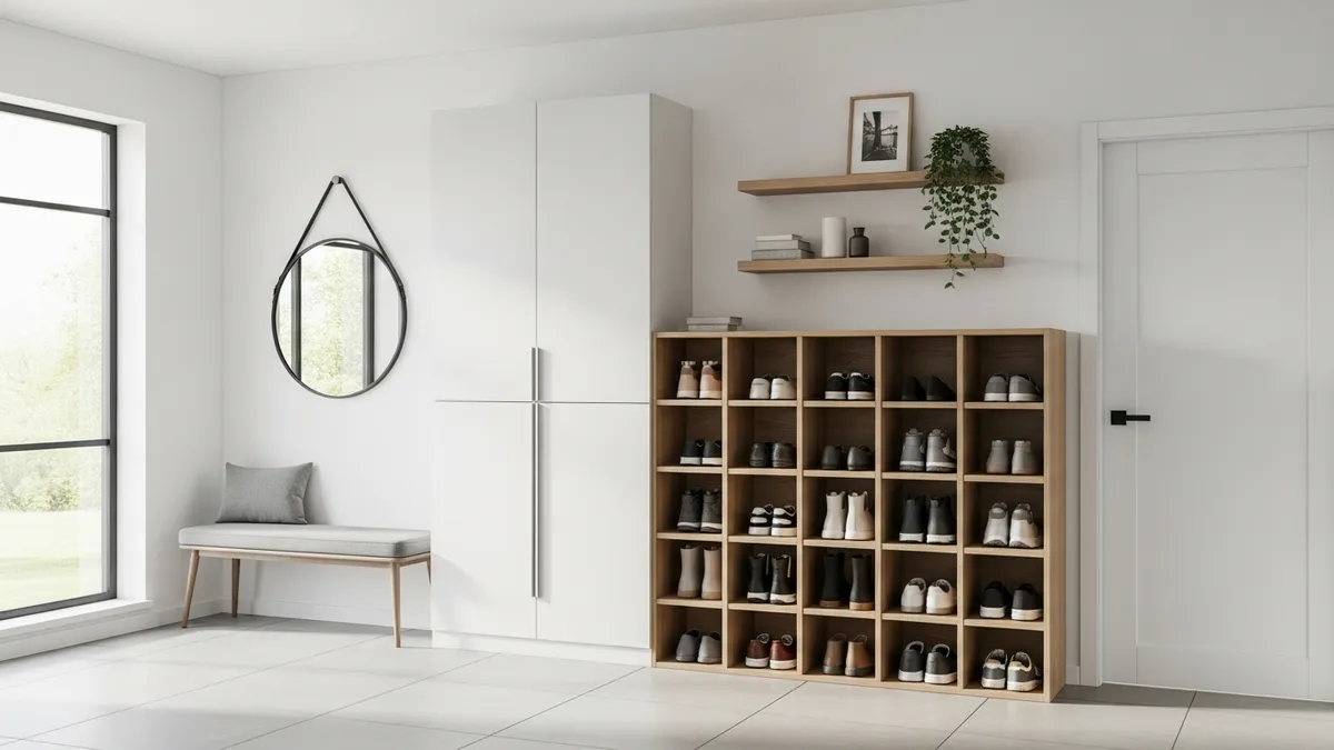 Creative entrance shoe storage ideas featuring modern built-in cubbies and organized shoe display in stylish home entryway