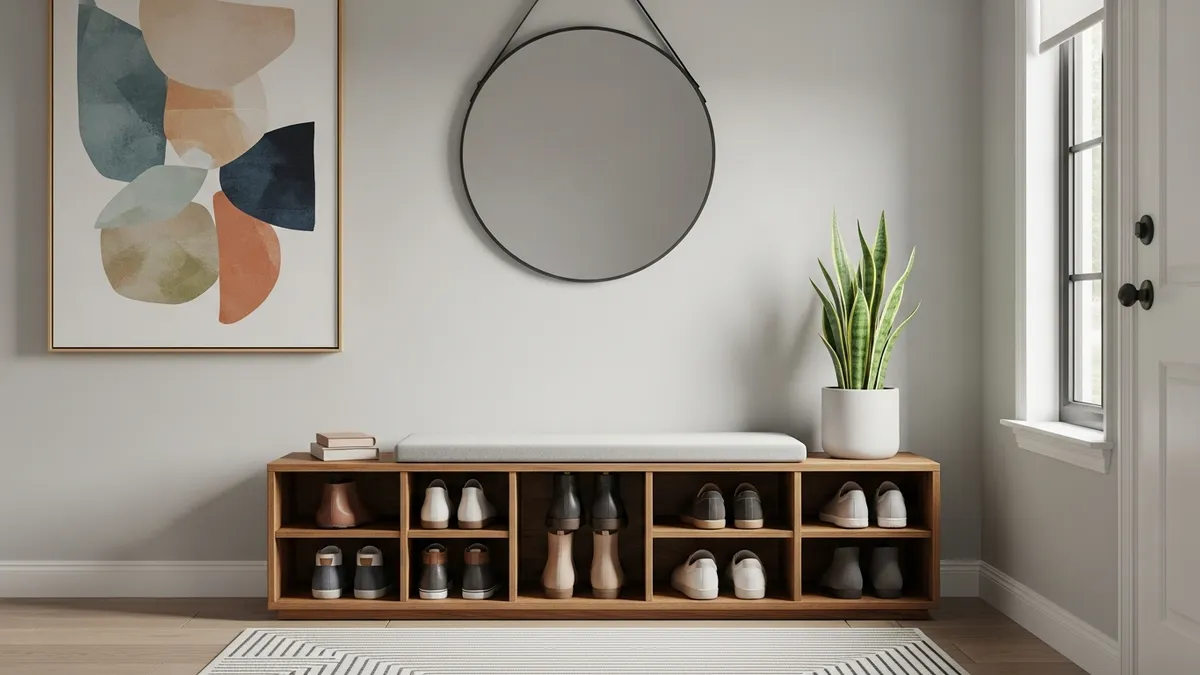 Modern shoe bench with built-in storage compartments showcasing efficient entrance shoe storage solution
