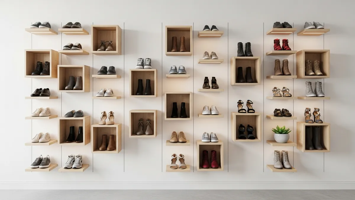 Vertical entrance shoe storage ideas with floating shelves and cubby organizers for small spaces