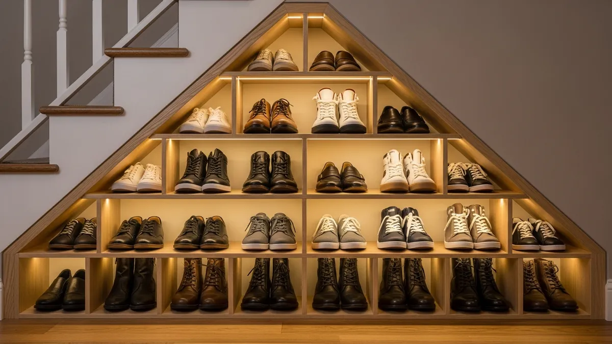 Under-stairs entrance shoe storage ideas maximizing unused space with custom shelving solutions