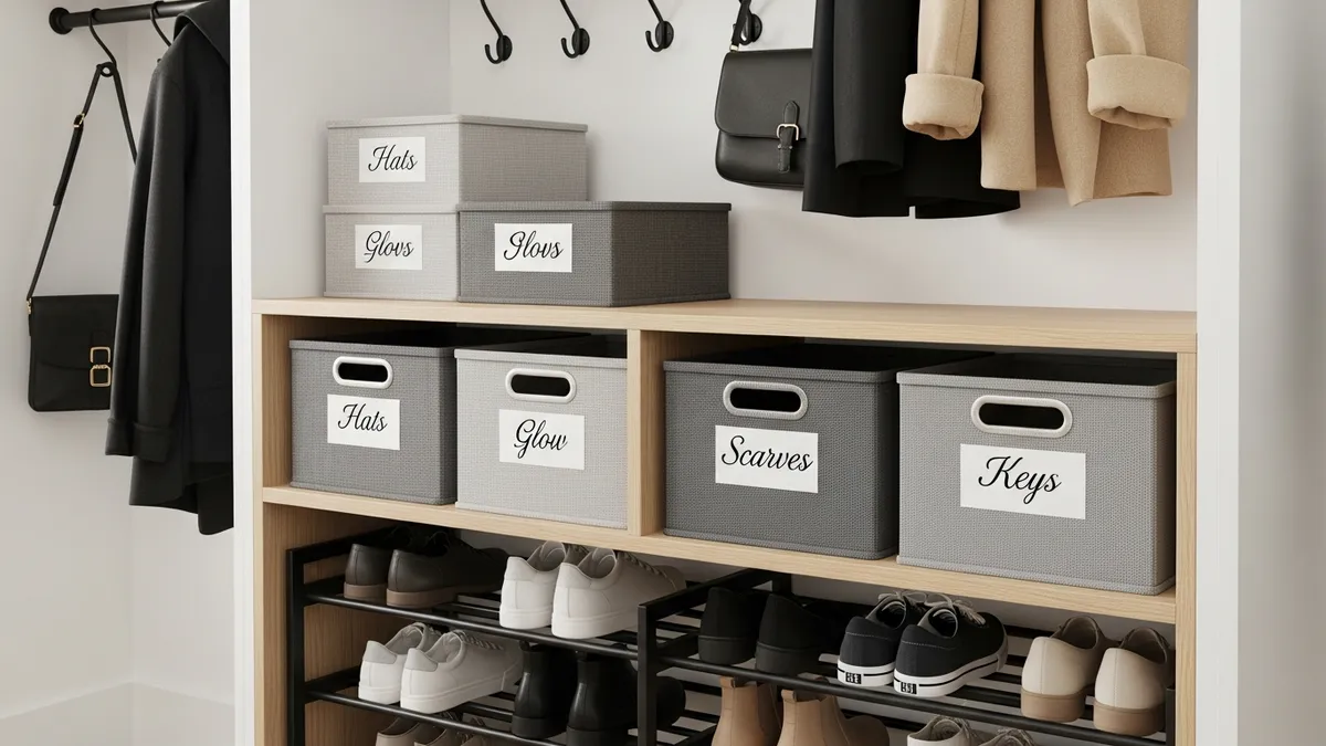 Entryway closet organization systems with storage bins and shoe racks