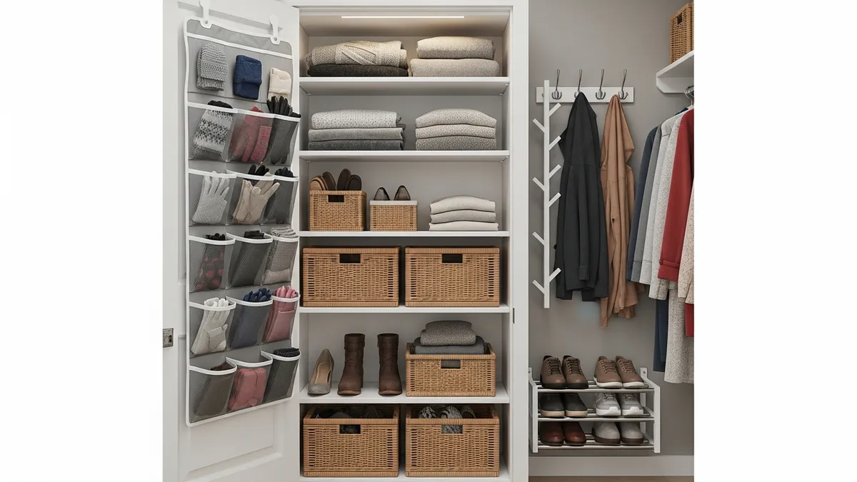 Small entryway closet with vertical storage and over-door organizers