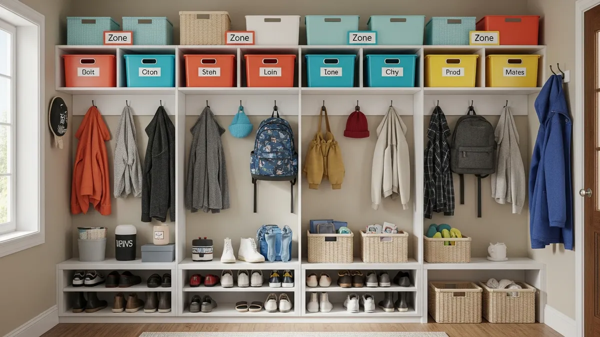 Family entryway closet with designated storage zones and colorful organization