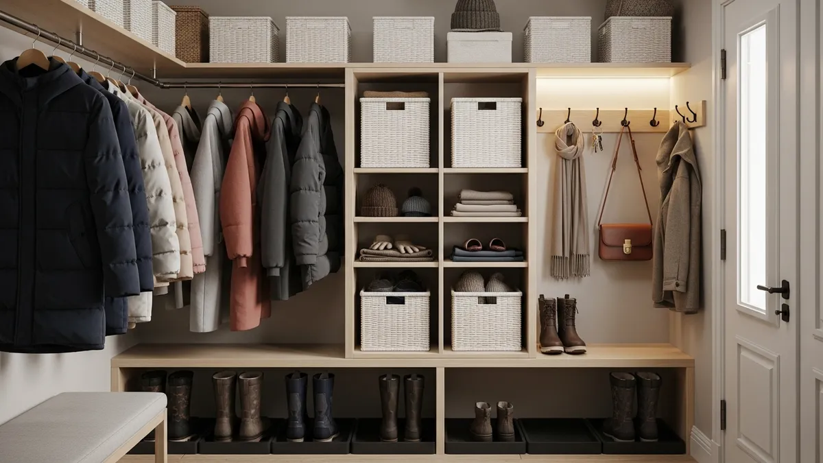 Seasonal entryway closet organization with winter storage solutions