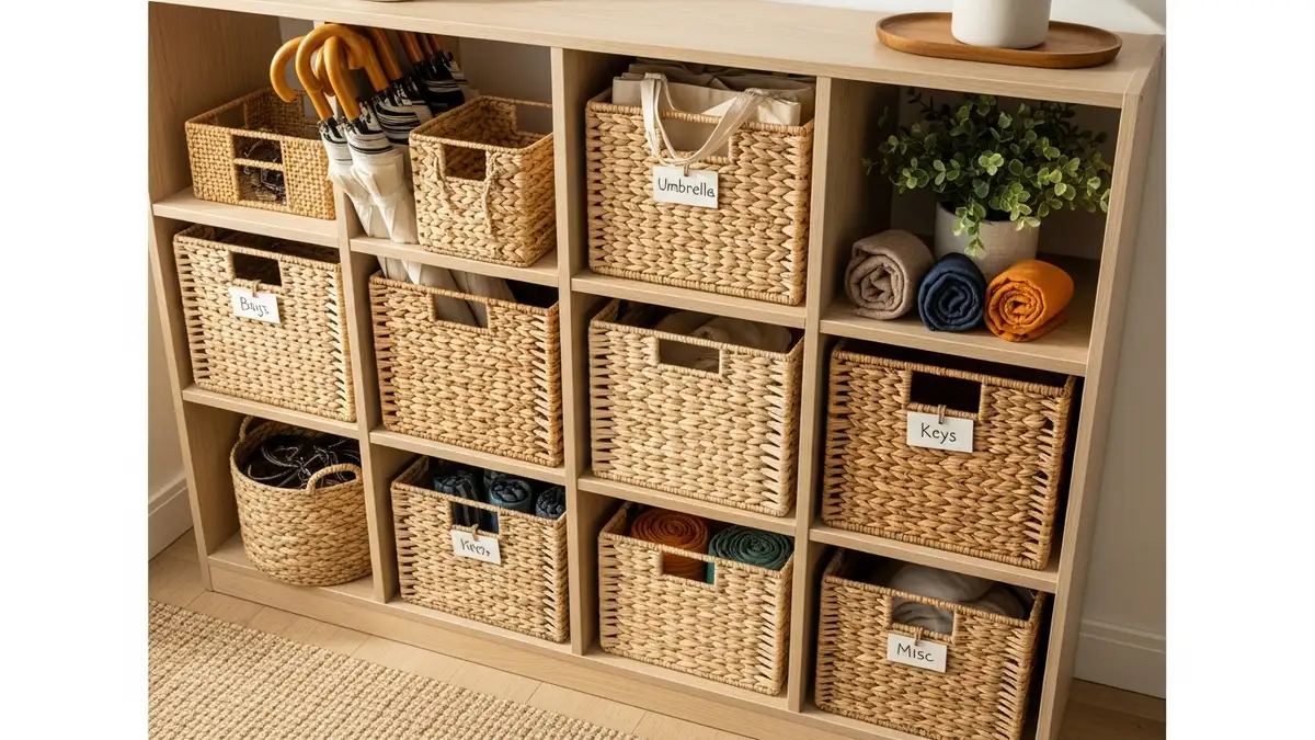 Woven baskets with labels used for entryway organization to store umbrellas, bags and everyday essentials