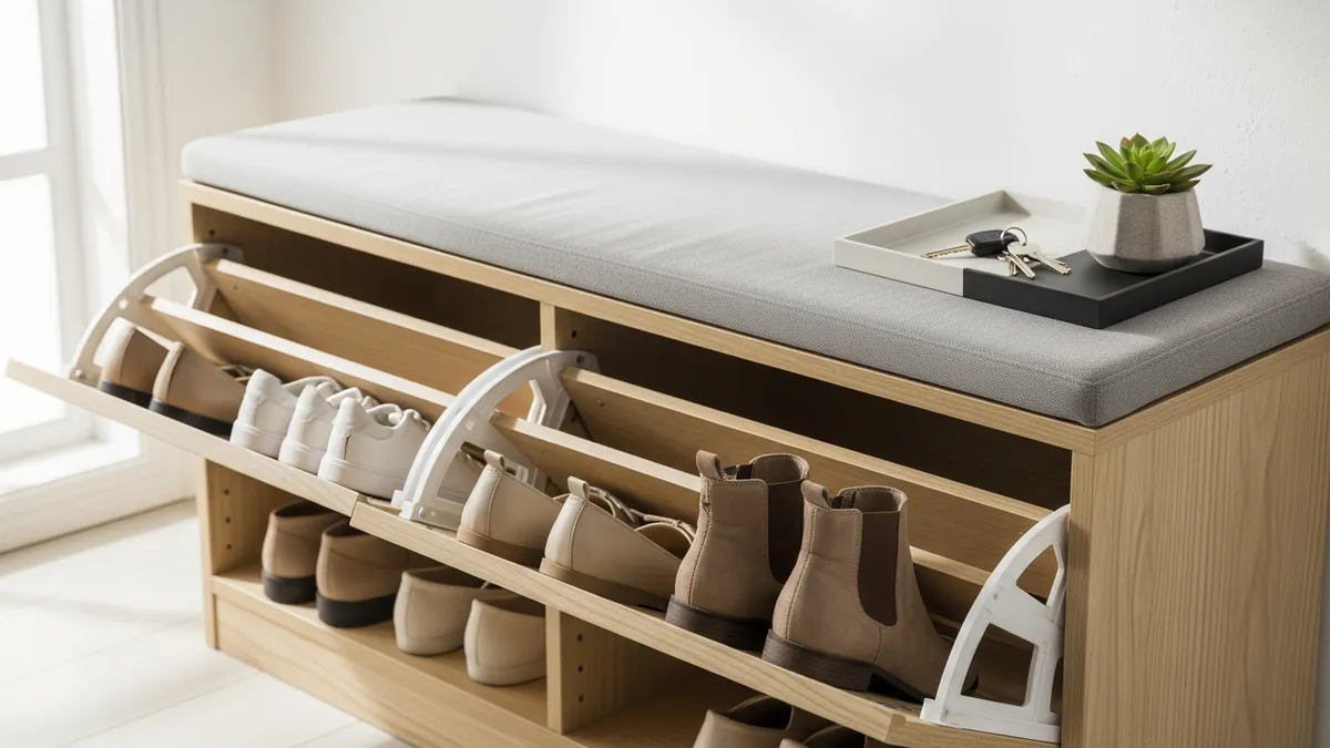 Entryway shoe storage bench with pull-out drawers and cushioned seat for organized shoe storage