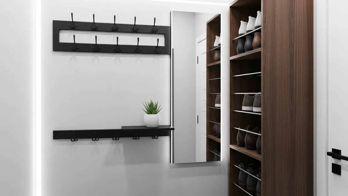 Small entryway organization with wall-mounted hooks, mirror and narrow shoe rack maximizing limited space