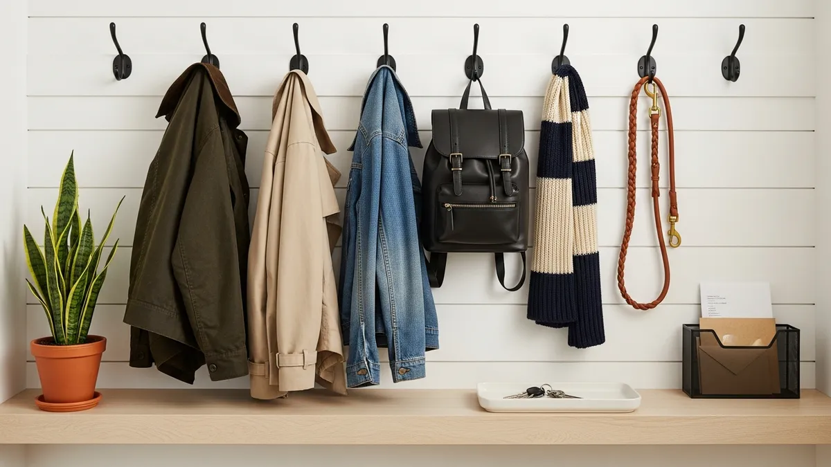 Wall-mounted coat hooks in entryway with organized bags, jackets and a floating shelf below