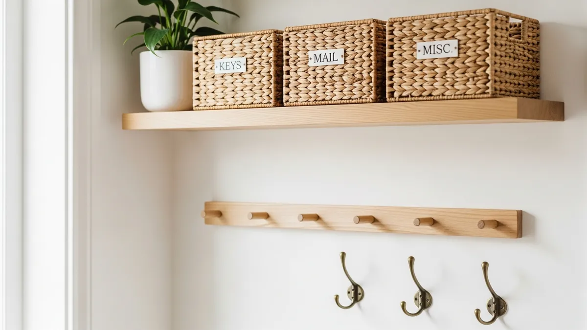 Small entryway wall organization with floating shelves, baskets, key hooks and coat rack
