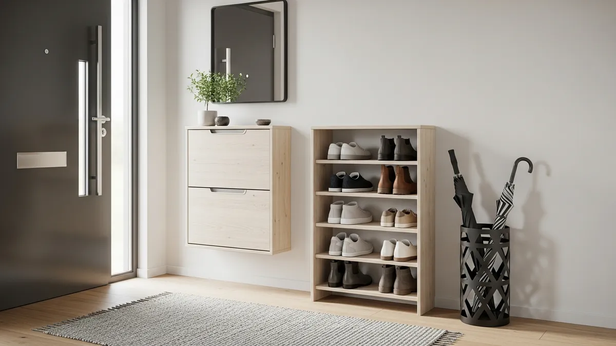 Entryway shoe storage ideas with slim shoe cabinet and open rack near front door