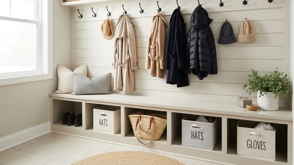 Entryway mudroom bench with cubbies, wall hooks and labeled fabric storage bins