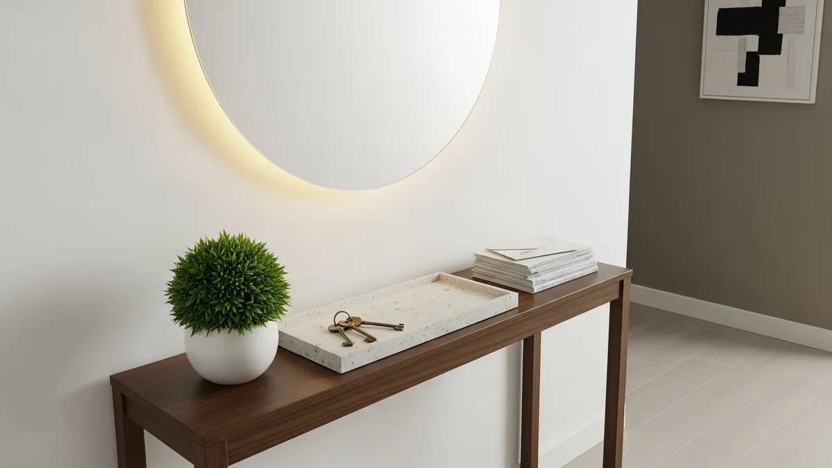 Entryway console table organization with decorative tray, keys, mail and mirror