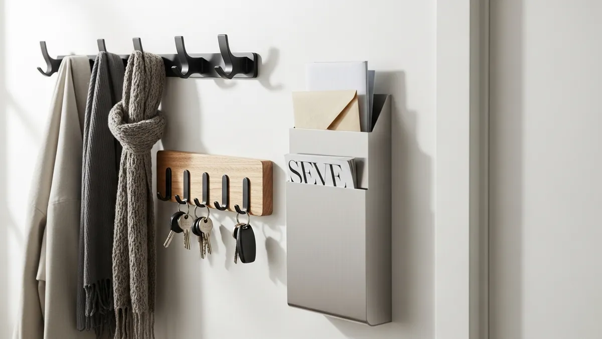 Entryway wall organization hooks and storage accessories mounted on wall