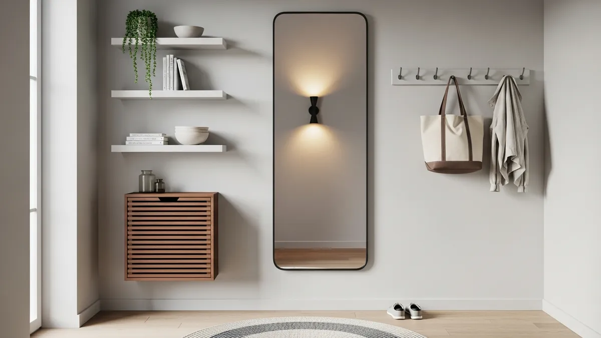 Small entryway wall organization with vertical storage solutions and mirror