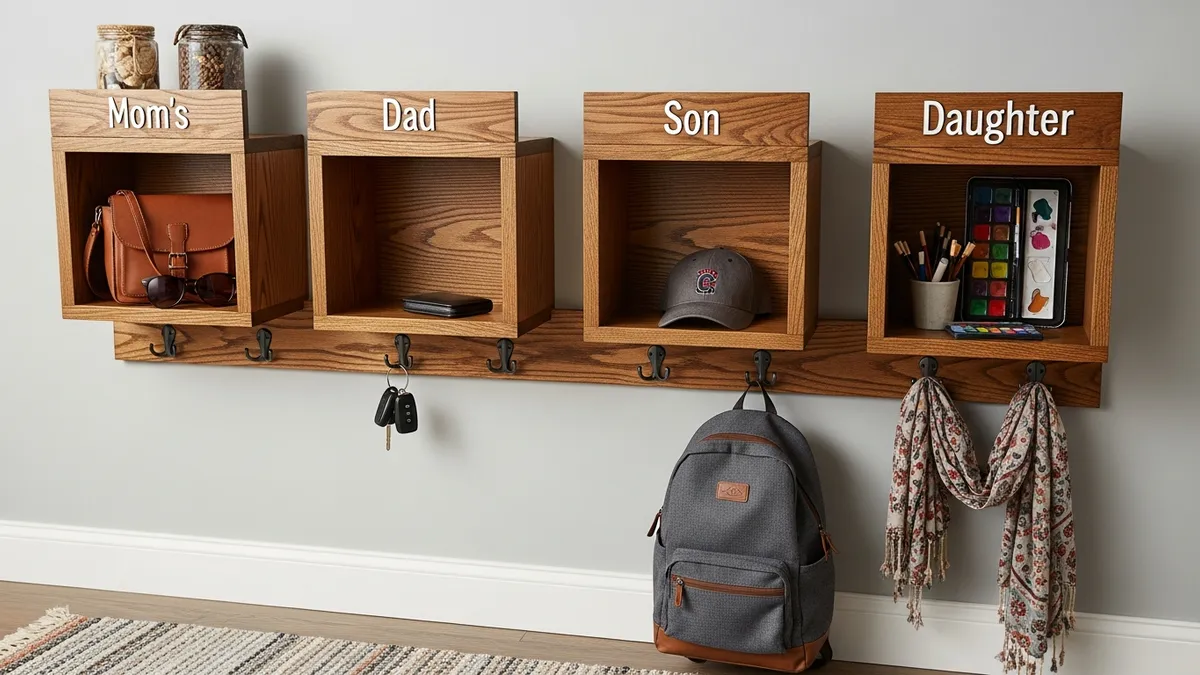 Family entryway wall organization with individual storage cubbies and hooks