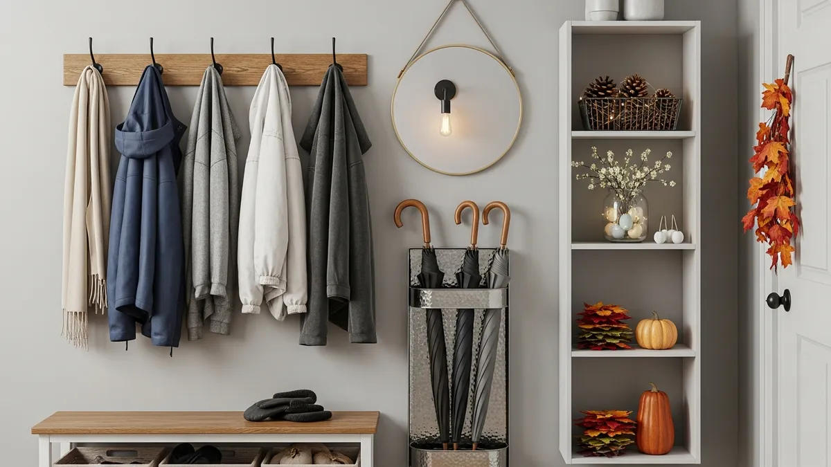 Seasonal entryway wall organization with coat and umbrella storage solutions