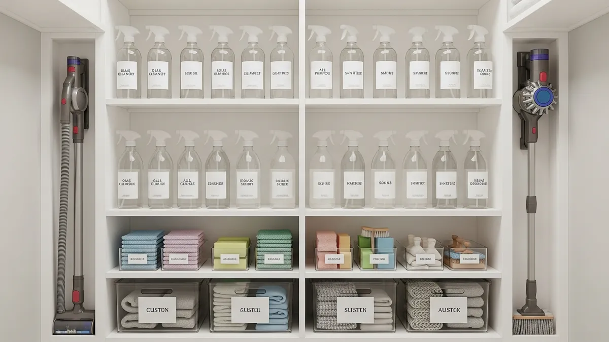 Organized cleaning supplies storage closet with labeled containers and neat arrangement