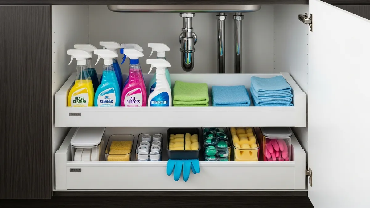 Under-sink cleaning supplies organization with pull-out storage drawers