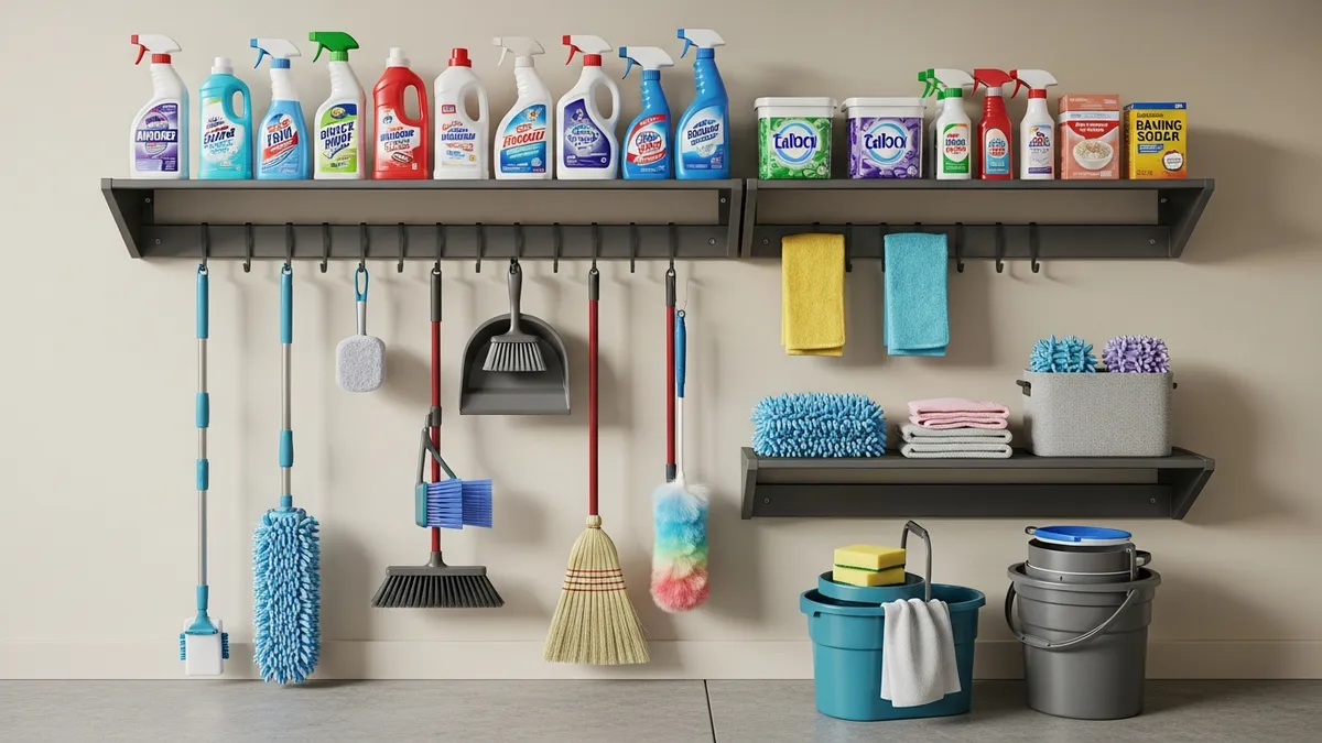 Wall-mounted cleaning supplies organization system with hooks and shelves