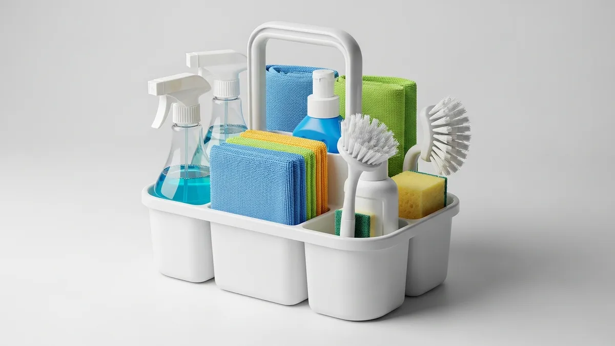 Portable cleaning caddy organizer with essential cleaning supplies