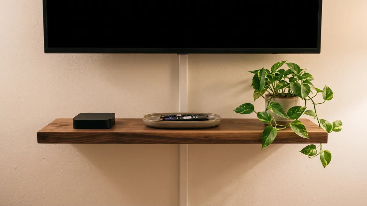 Walnut floating shelf mounted below a wall-mounted TV holding a small streaming box, a ceramic tray with a remote and a trailing pothos, with a white cable cover running down the wall