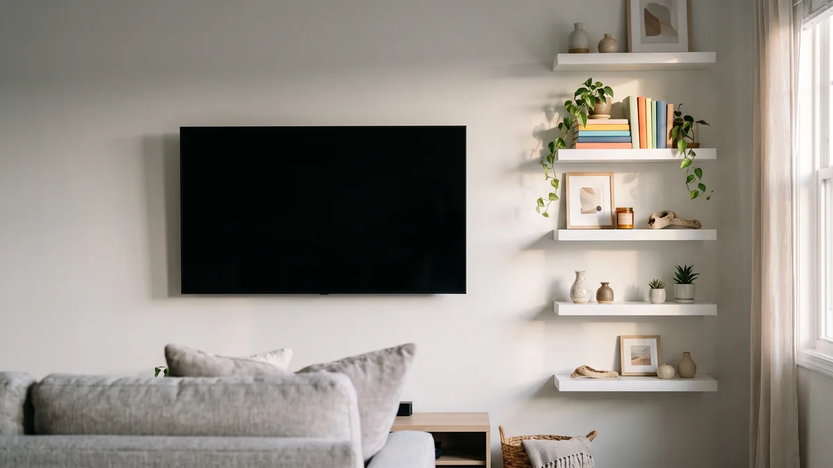 Living room with a wall-mounted TV beside a column of five white floating shelves styled with books, small framed prints, vases and trailing plants