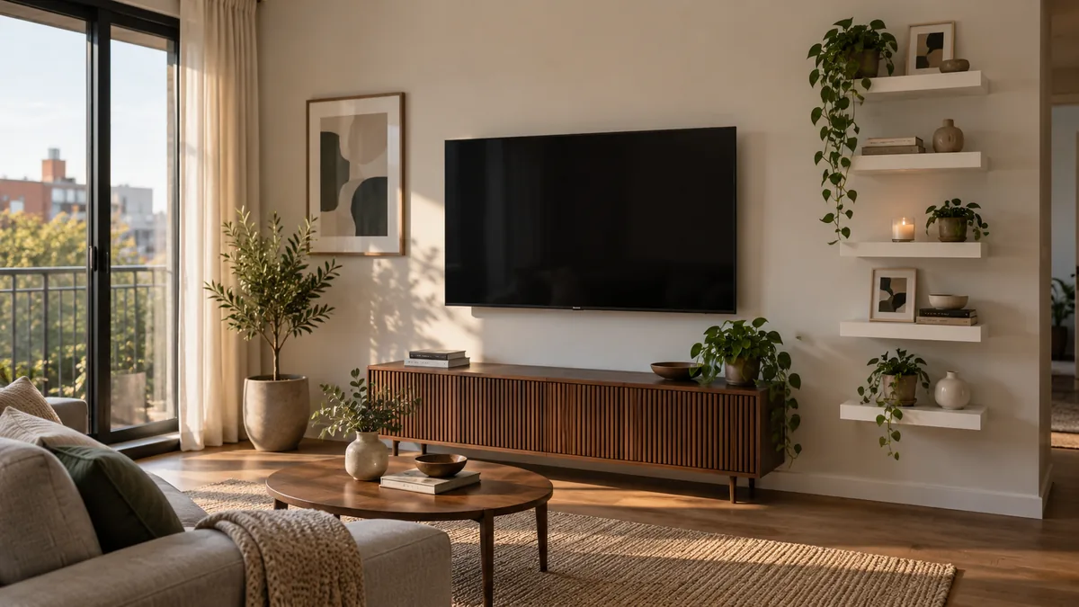 Apartment living room with a wall-mounted TV above a slatted wood media console and a column of white floating shelves holding trailing plants, a candle and small framed prints