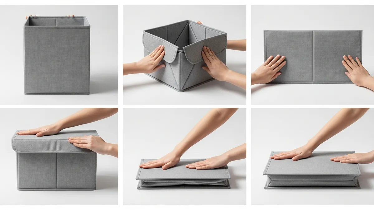 Hands demonstrating how to fold a collapsible storage box from assembled to flat storage position