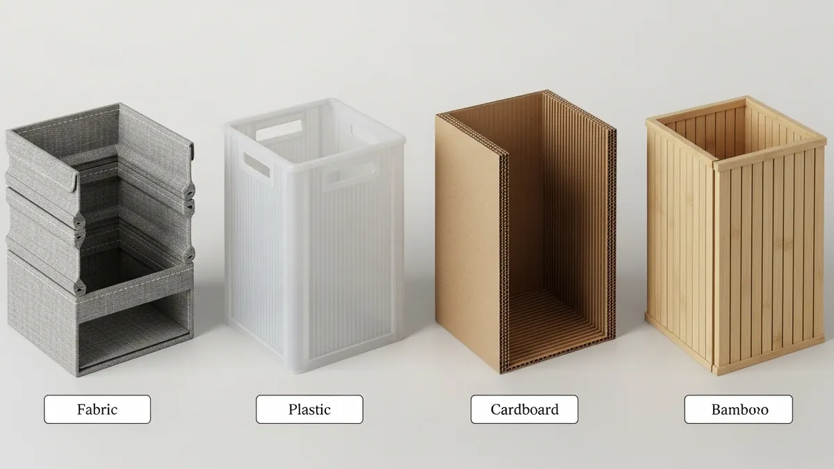 Comparison of different foldable storage box materials including fabric plastic cardboard and eco-friendly options