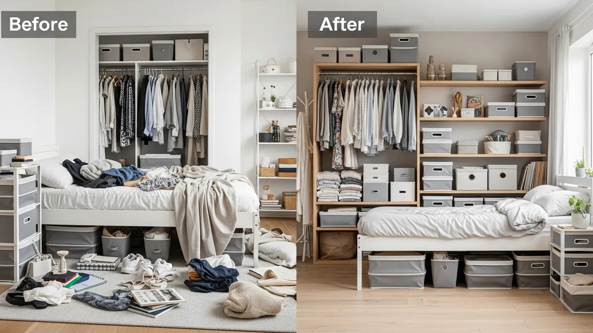 Before and after room organization using foldable storage boxes showing dramatic space transformation