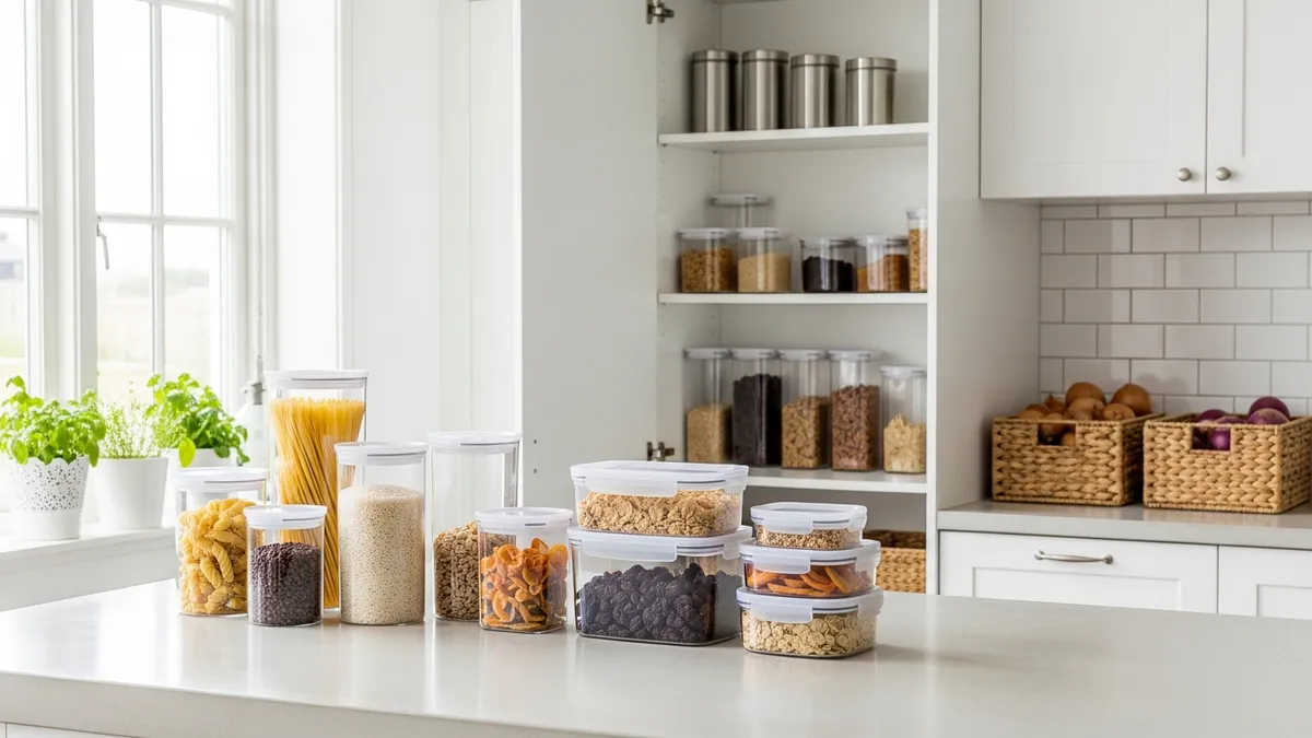 Various food containers and storage solutions organized on modern kitchen counter showcasing fresh food preservation