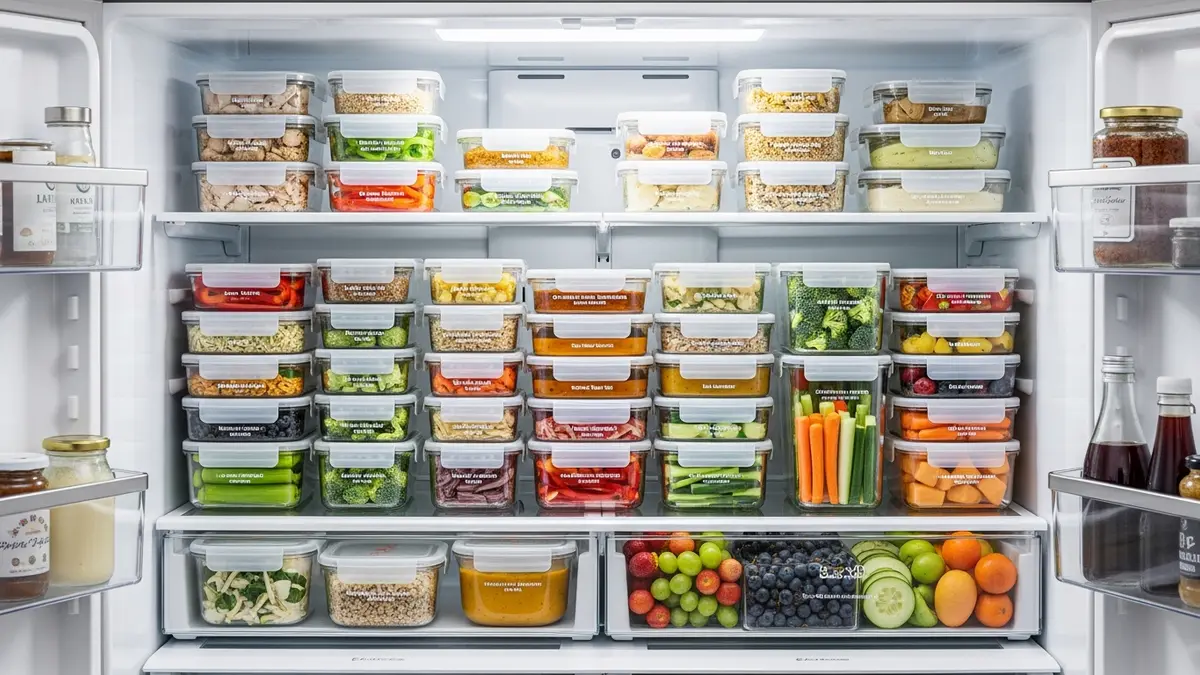 Organized refrigerator with stackable food containers and storage for meal prep and fresh ingredients