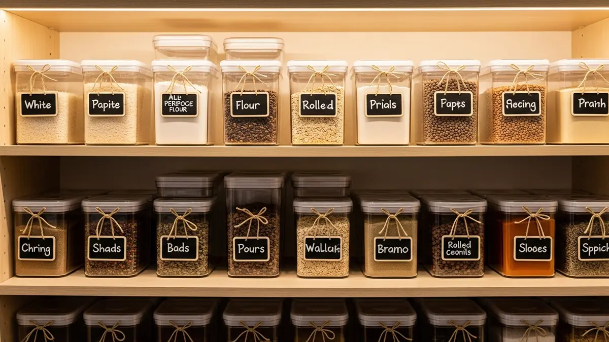 Organized pantry shelf with labeled food containers and storage for dry goods and kitchen essentials