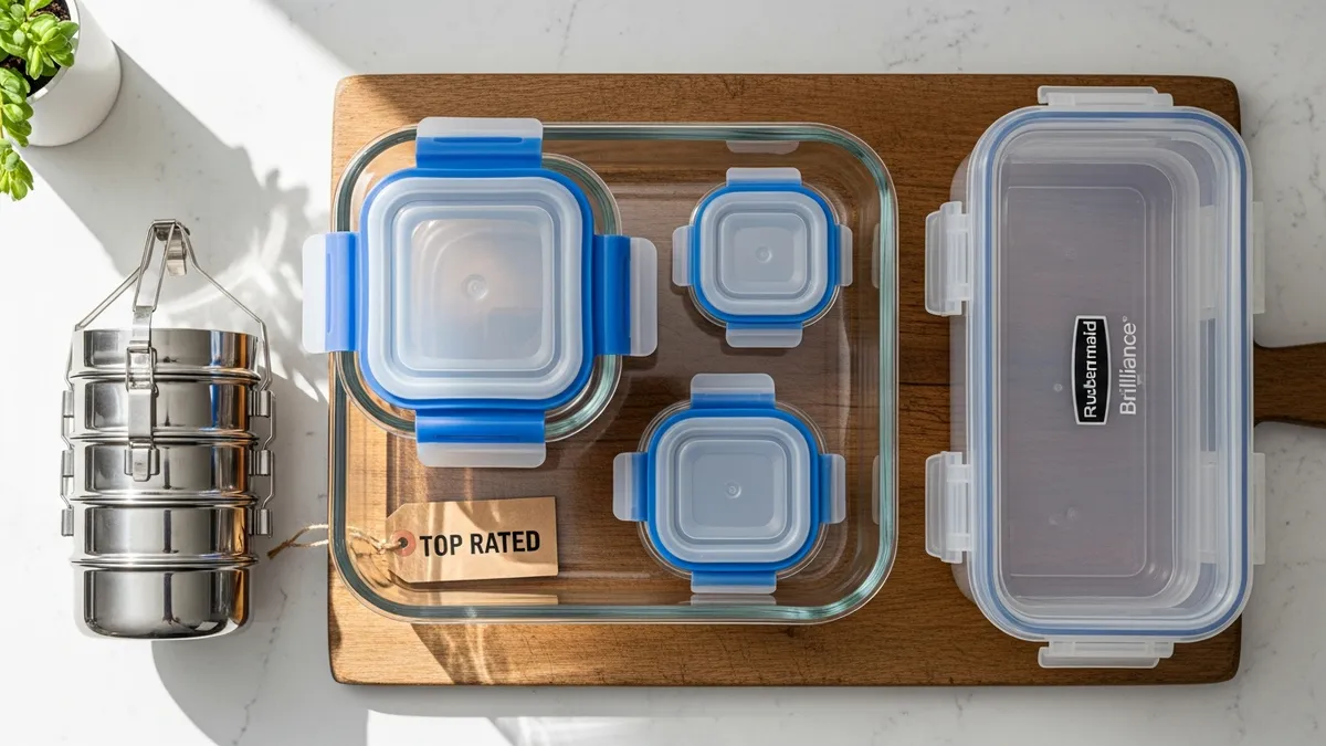 Top-rated food containers and storage sets reviewed side by side including glass, plastic, and stainless steel options