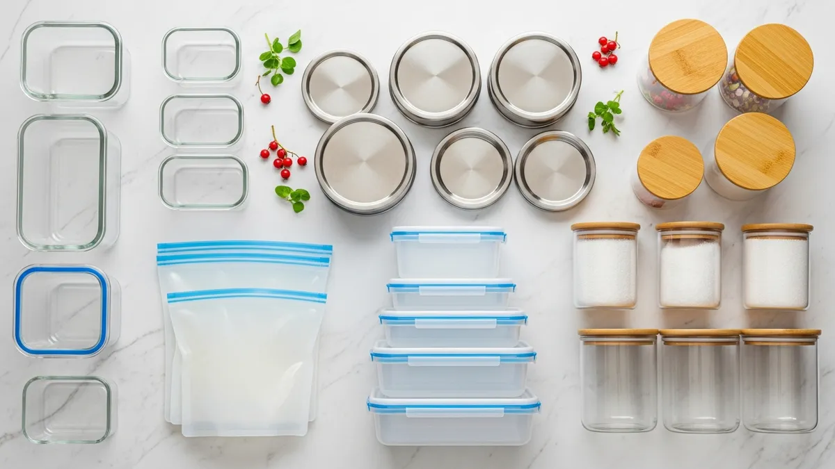 Different types of food containers and storage options including glass, plastic, stainless steel, and silicone