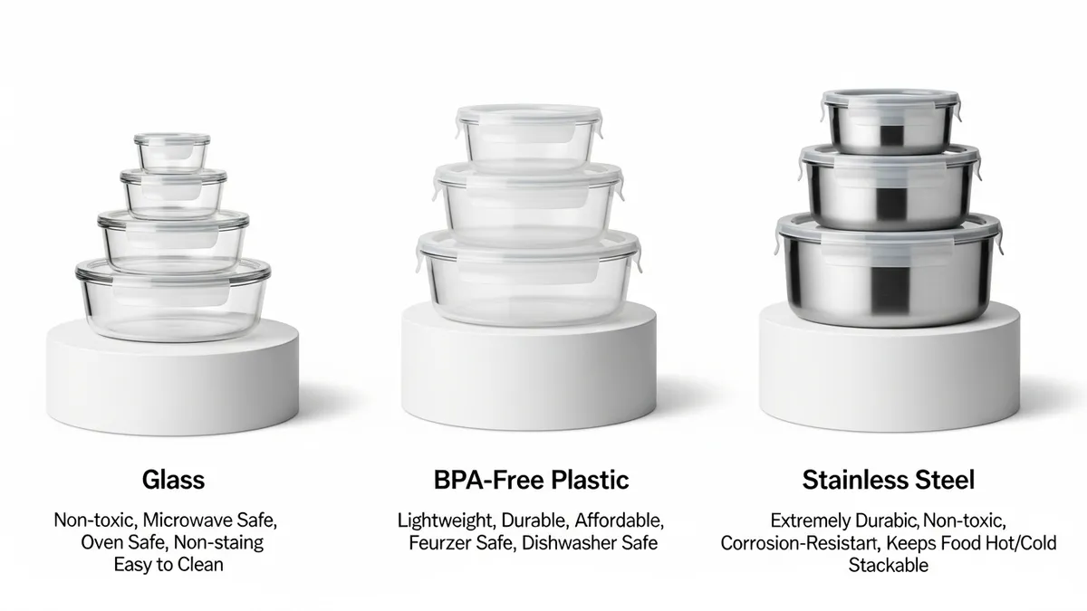 Comparison of glass plastic and stainless steel food storage containers showing different materials
