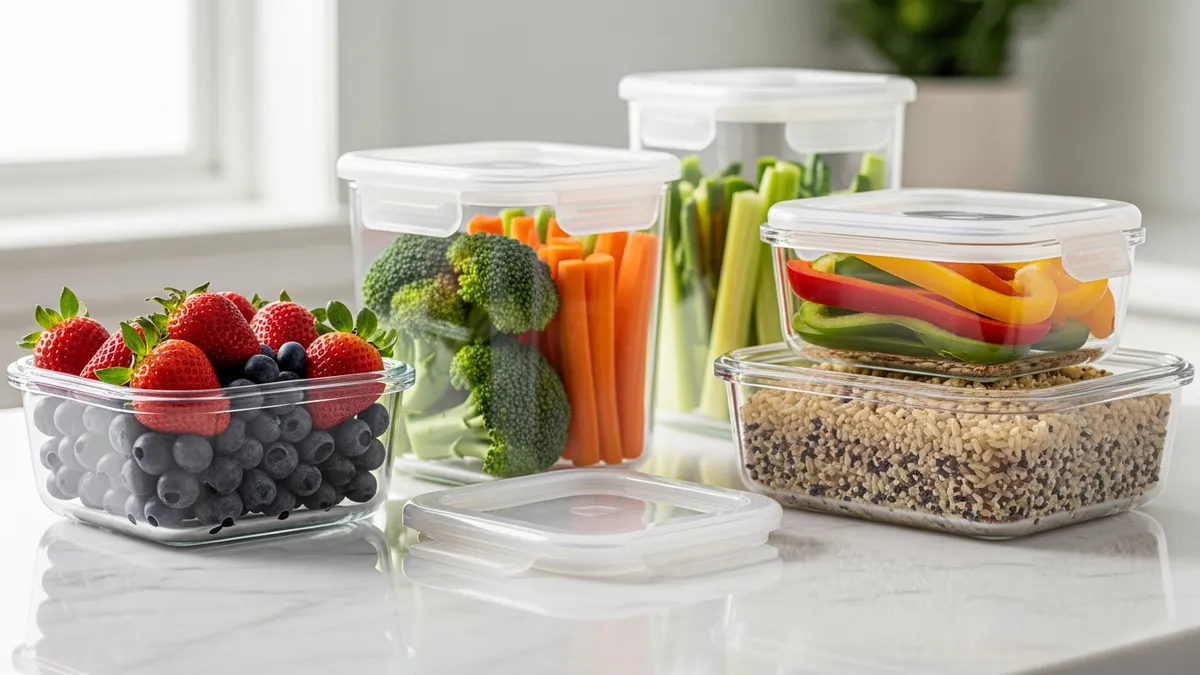 Glass food storage containers with airtight lids storing fresh ingredients in modern kitchen