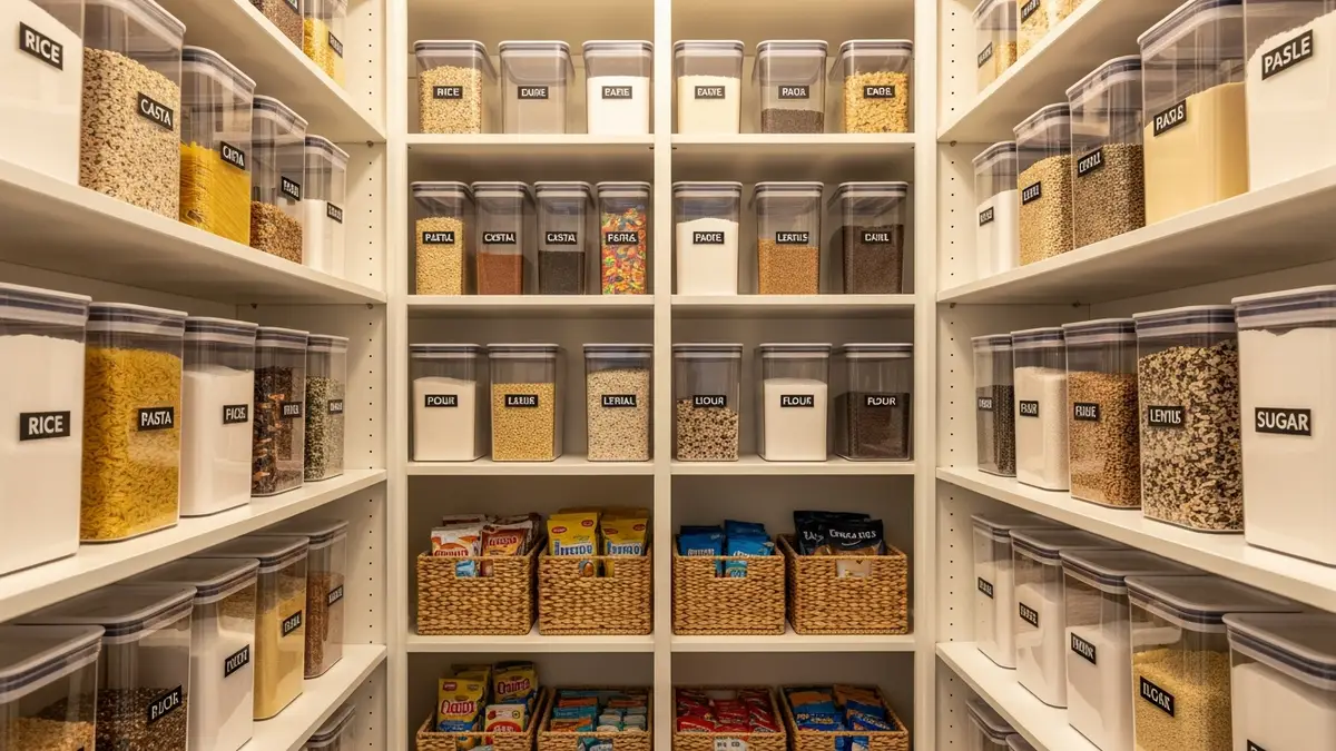 Organized pantry with food containers storing dry goods and ingredients for kitchen organization