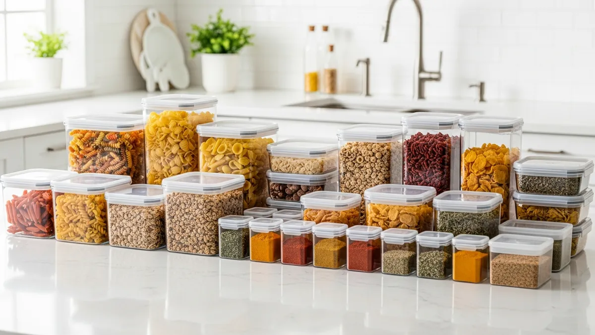 Food storage containers airtight collection organized on modern kitchen counter
