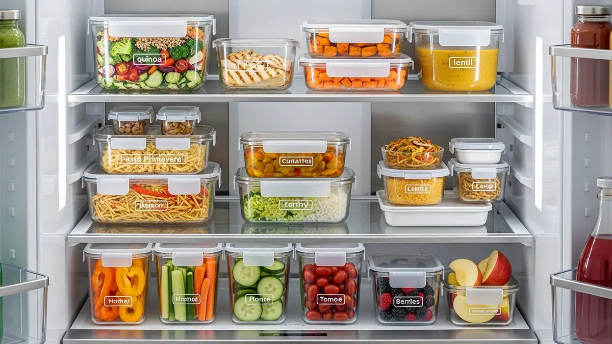 Refrigerator organized with airtight glass food storage containers for meal prep and leftovers