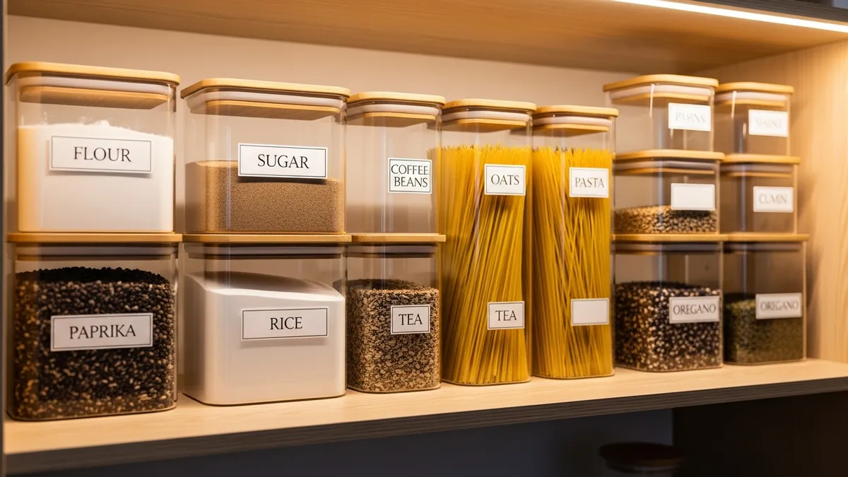Organized pantry shelf with labeled airtight food storage containers stacked uniformly